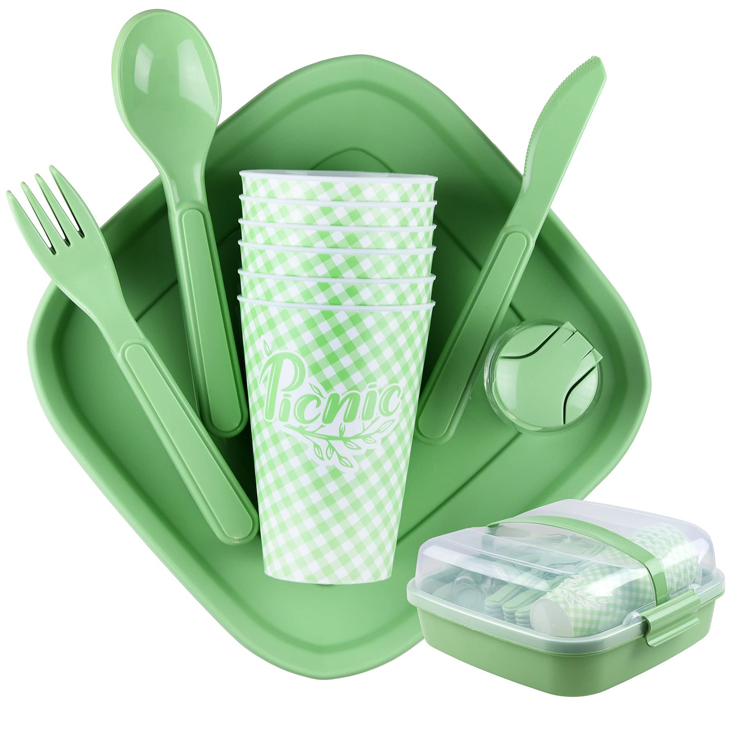 Tribello Camping Picnic Dishes Set with Case, 32 Plastic Reusable Cutlery - BPA Free, Microwave / Dishwasher Safe