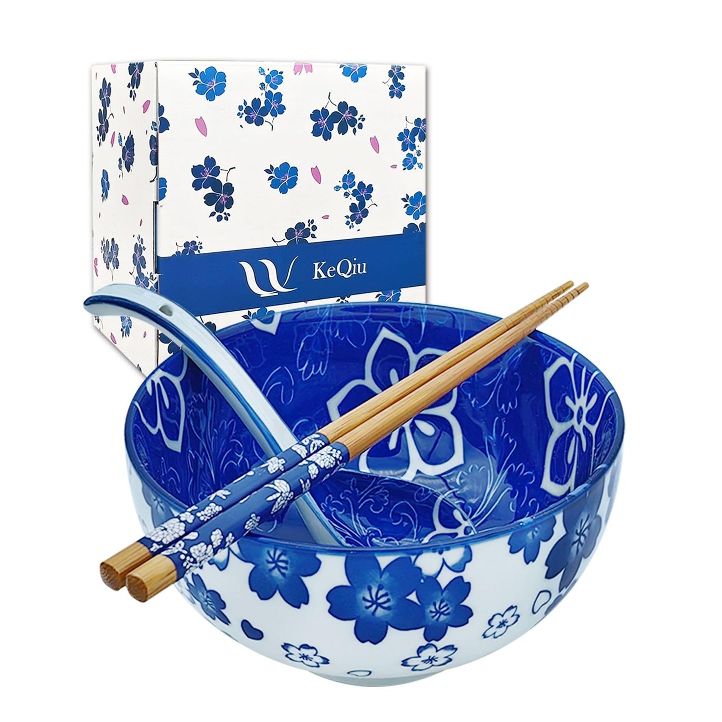 KeQiu 28 Oz Ceramic Ramen Noodle Pho Bowl Set with Chopsticks and Spoon Microwave & Dishwasher Safe, Japanese Style, Ideal Gift for Ramen Lovers & Solo Dining