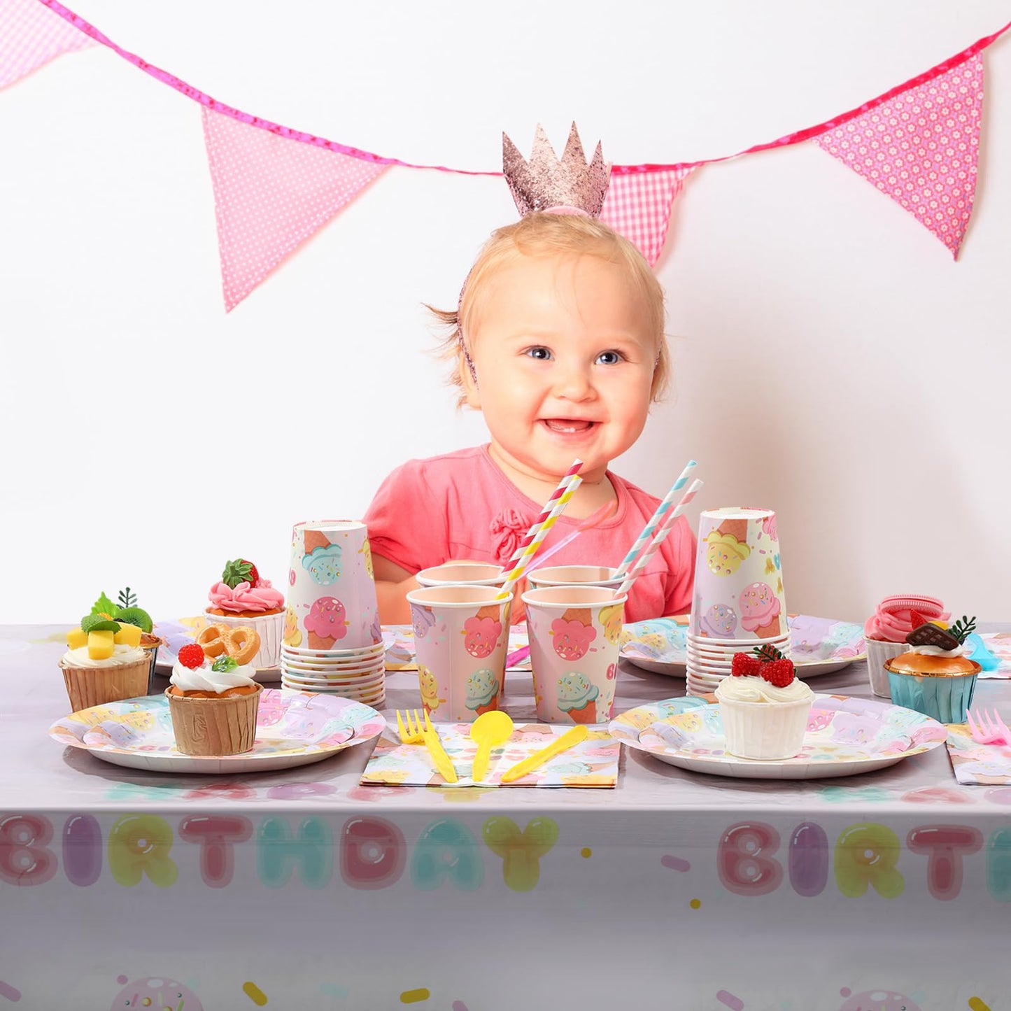 LOYIM 194 Pcs Ice Cream Birthday Party Decorations Supplies 24 Guest Disposable Dinnerware with Ice Cream Tablecloth Paper Plates Cup Napkin Plastic Fork Knives Spoon for Grow up Party Shower