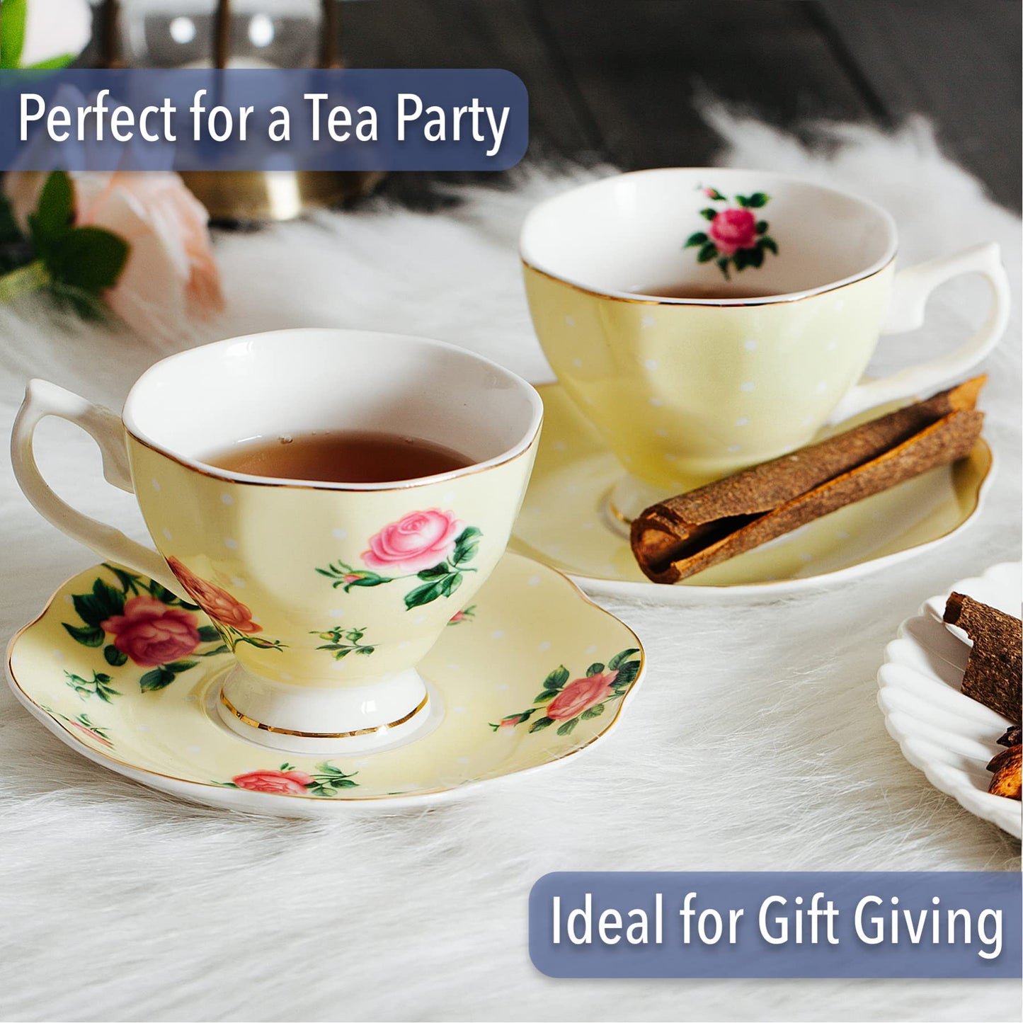 BTaT- Floral Tea Cups and Saucers, Set of 8, 8 oz, Fine Porcelain Teacup Set with Gold Trim for Afternoon Tea, Weddings, Parties & Gifting, Dishwasher Safe, Lightweight, Non-Toxic, Mothers Day Gift