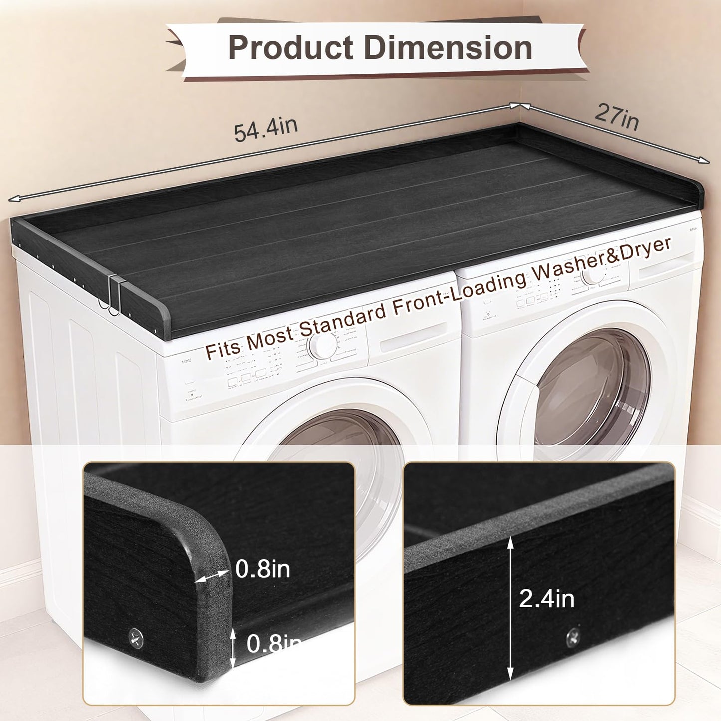 Chormtok Washer Dryer Countertop, HDPE Laundry Countertop with Edge Rails, No-Installation-Black
