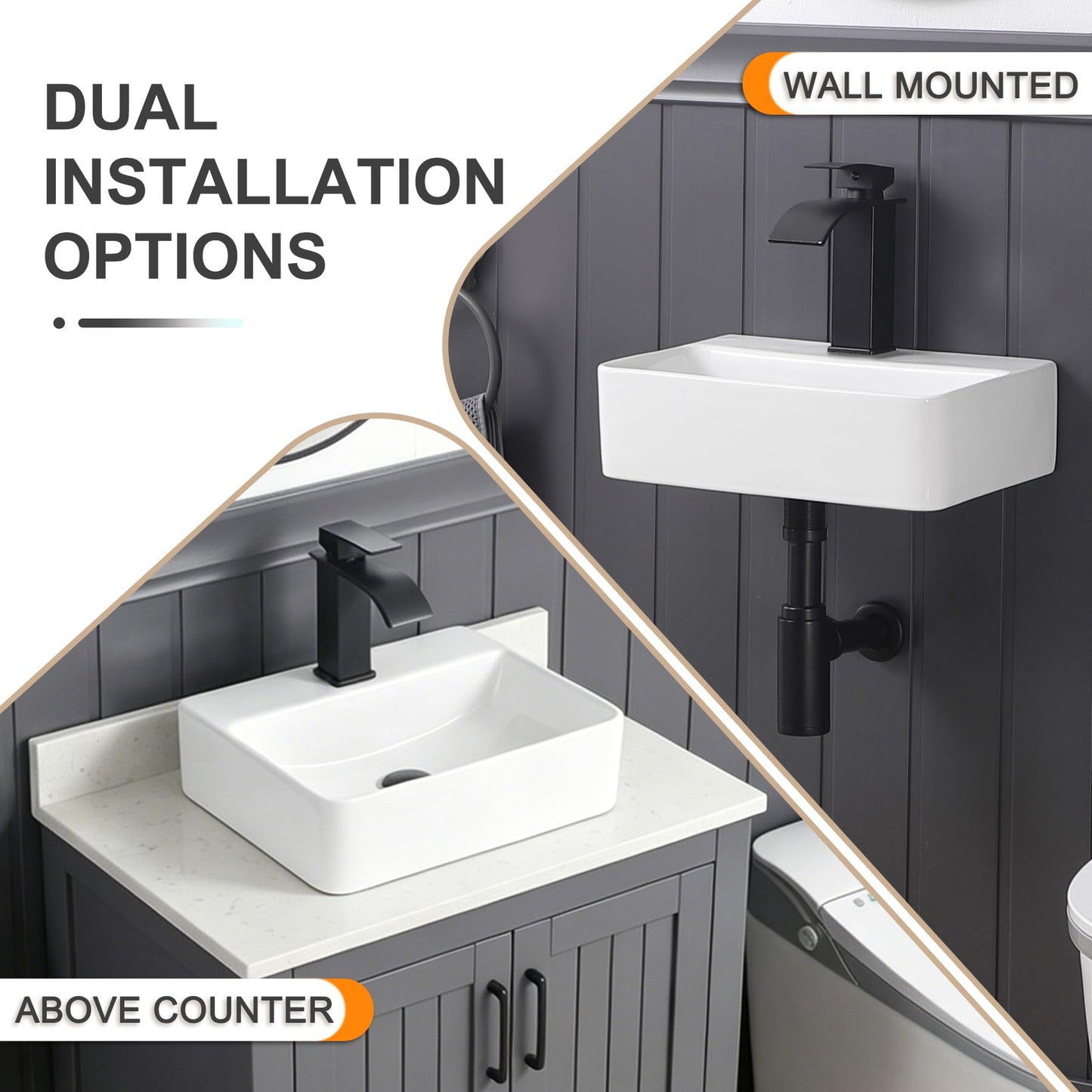 DEHOMEN Compact Wall Mount Bathroom Sink 14-inch Small Rectangular Wall Hung Floating Vessel Basin Classic Lavatory for Tiny Bathroom Vanity,White