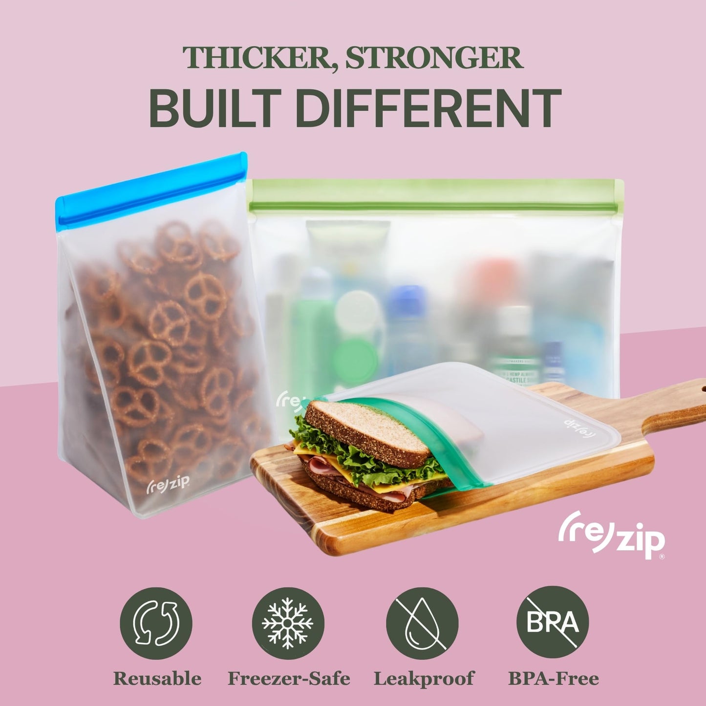 (re) zip Gallon Reusable Storage Bags, BPA-Free, Leakproof, Food-Grade 100% Food-Safe PEVA, for Food Storage and Freezer Use, Holds 16 cups | 128 fl oz, 4-Pack (Clear)