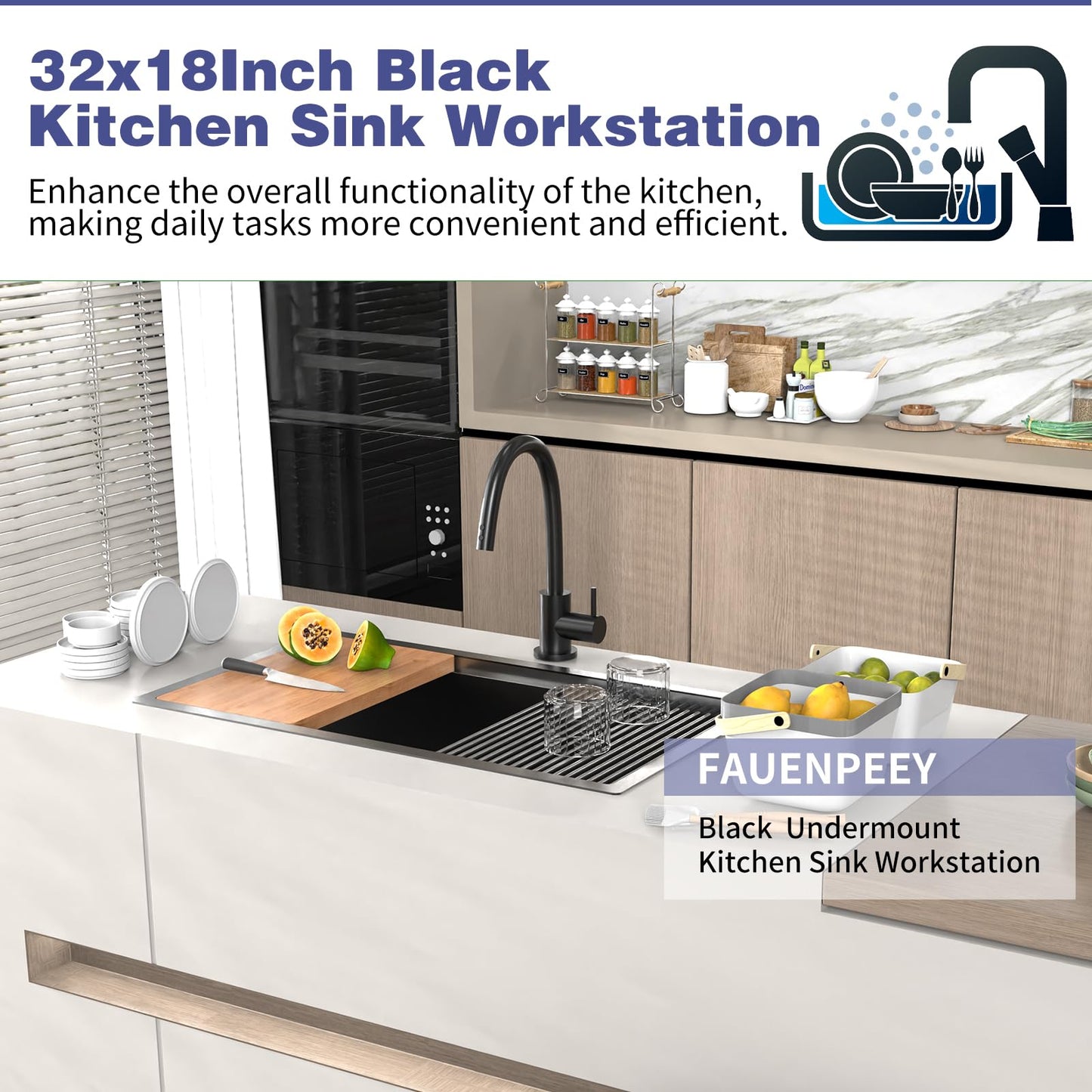 Black Kitchen Sink Workstation,32"x18" Stainless Steel Undermount Single Bowl Sink Built-in Ledge Drop In Workstation Sink Design For Placing/Sliding Accessories-Cutting Board,Drying Rack
