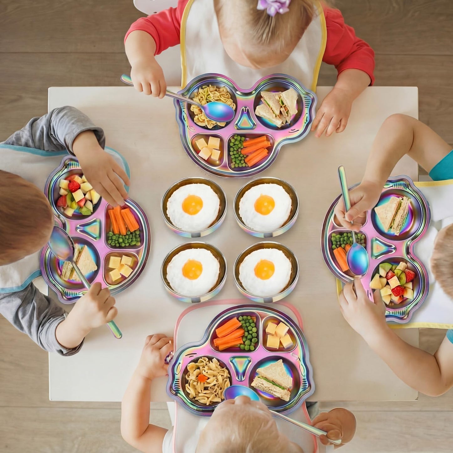 Tioncy 15 Pcs Stainless Steel Kids Dinner Set, 3 Bowls, 3 Balanced Bites Divided Plates, 3 Cups, 3 Spoons and 3 Forks, Stainless Steel Lunch Plates Dinnerware Set for Kids Toddlers(Car)