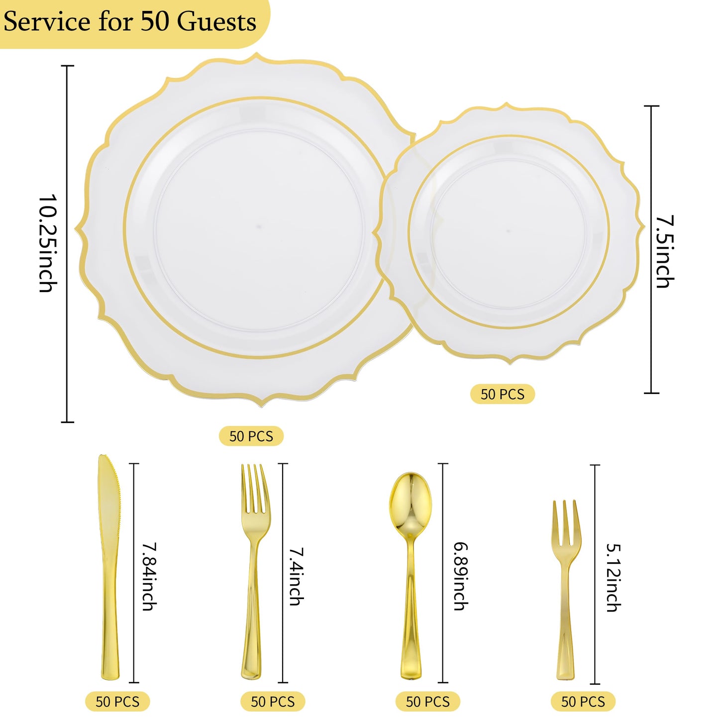 Noemie 300 PCS Premium Clear Plastic Plates, Clear Baroque Dinnerware Set for 50 Guests with Gold Trim Include 50 Dinner & 50 Dessert Plates, 200 Gold Silverware Set