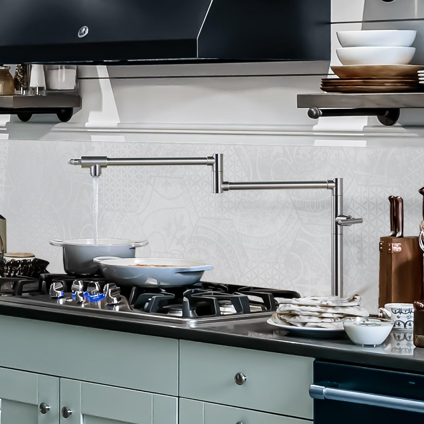 Pot Filler Faucet for Kitchen Sink, Deck Mount Pot Faucets Over Stove, Solid Brass Folding Pot Filler, Brushed Nickel Kitchen Faucet with Double Joint Swing Arms