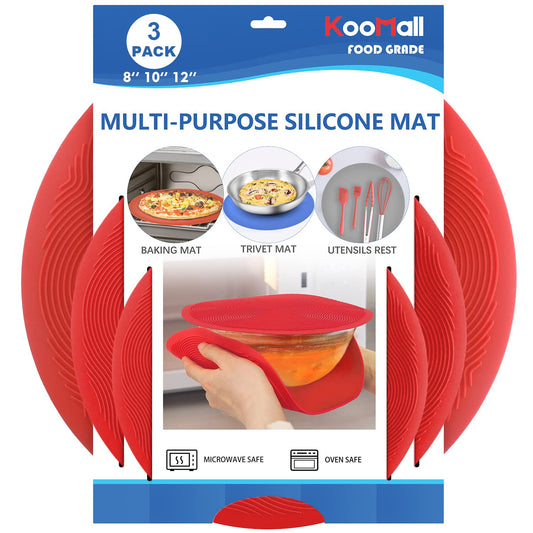 KooMall 12 10 8 Inch Multi-use Microwave Mat, Trivet, Pot Holders, Drying, Baking, Place Mat, Utensils Rest, Silicone Cover Pad for Hot Pot Pans Bowls Plates Dishes Kitchen Counter, Heat Resistant,Red