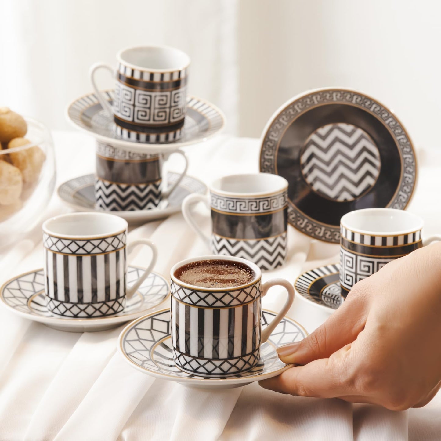 KARACA Helenistic Turkish Coffee Cups Set for 6, 12 Piece Porcelain Espresso Cups with Saucers, 80ML Demitasse Coffee Set, Black, Modern Elegant Design for Home & Gift