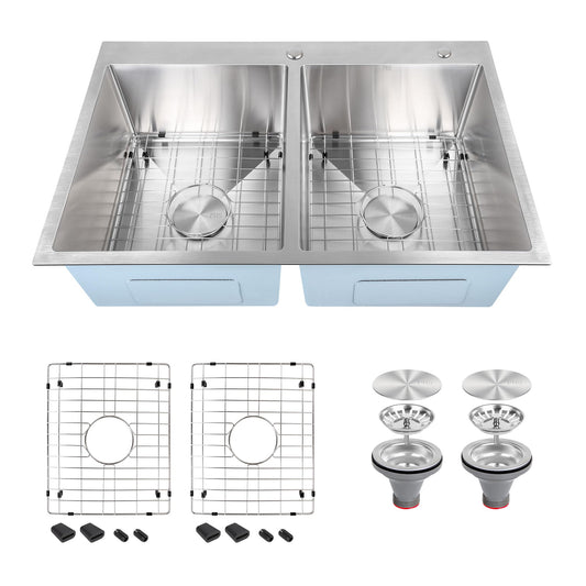 PHS 33 Inch Drop In Double Bowl Kitchen Sink 50/50-16 Gauge Stainless Steel Overmount Kitchen Sink 33x22 with Accessories, 9 Inch Deep Sinks with Brushed Finish