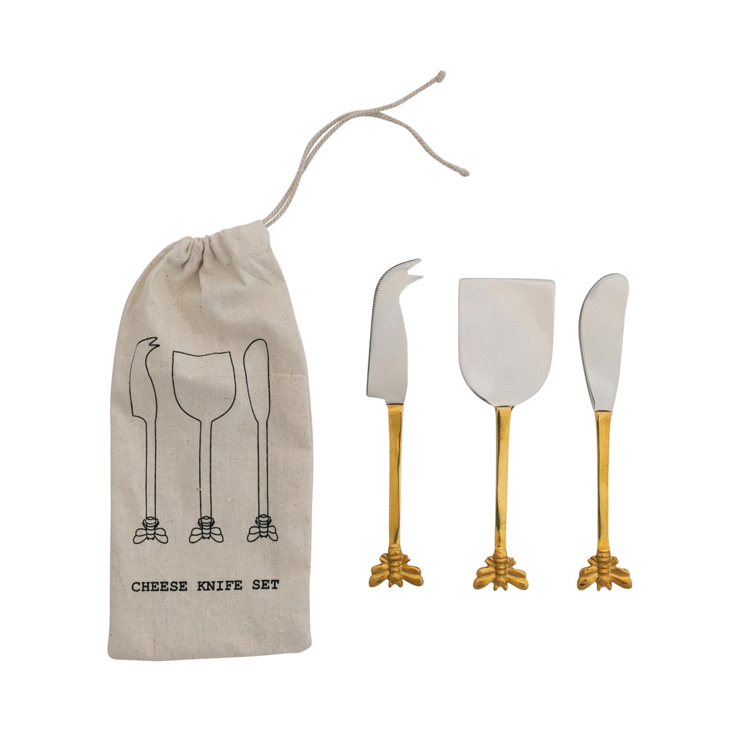 Creative Co-Op 3-Piece Stainless Steel Cheese Knives with Bee Handles, Gold