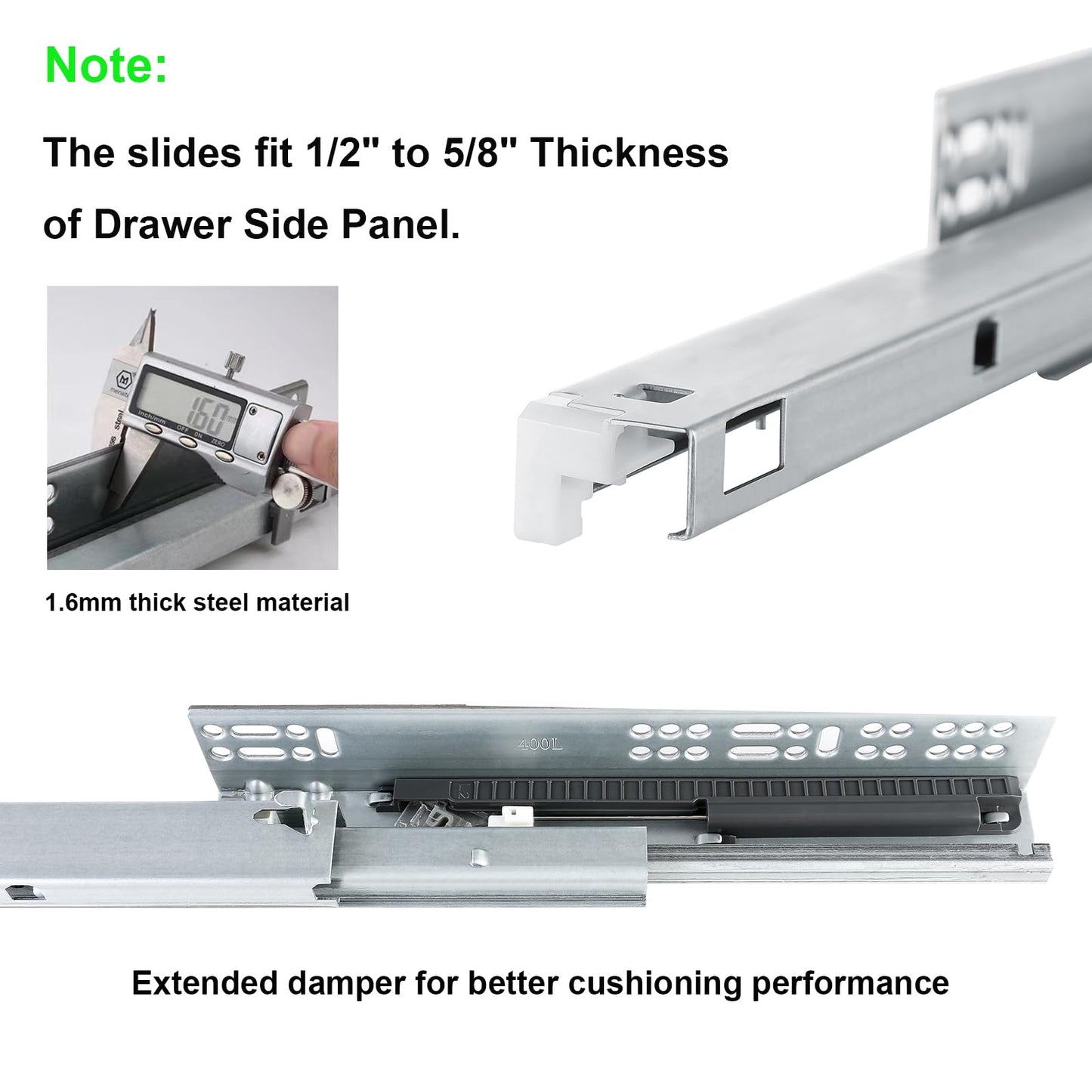6 Pairs of 16 Inch Undermount Soft Close Drawer Slides,Bottom Mount Full Extension Drawer Glides Rails