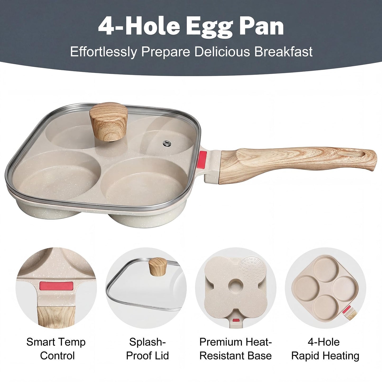 4‑Cup Nonstick Egg Pan Set with Lid – Aluminum Omelette Skillet for Breakfast, Includes Silicone Scraper, Oil Brush, Chopsticks & Cleaning Cloth – Compatible with Gas & Induction Cooktops (White)