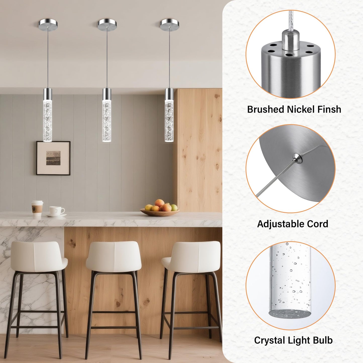 Esfos Pendant Lights Kitchen Island, 6500K Modern Kitchen Island Lights Brushed Nickel, 3 Pack Ceiling Lighting Fixtures with Crystal Bubble, Integrated LED Hanging Light for Dining Room Restaurant