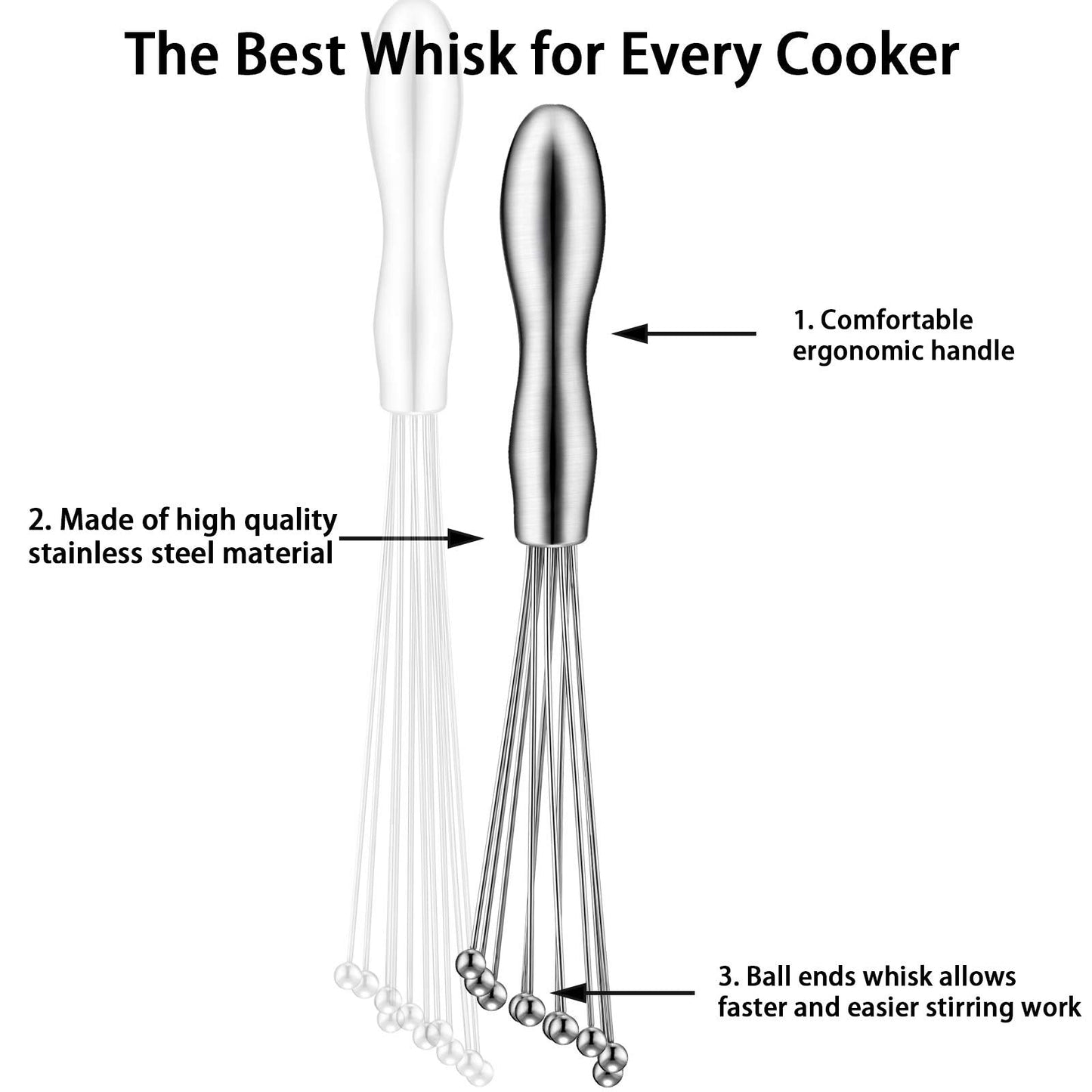 Patelai 2 Pieces Ball Whisk Set 10-Inch and 12-Inch Stainless Steel Ball Whisk Wire Egg Whisks for Cooking, Blending, Whisking, Beating, Stirring(10 Inch, 12 Inch)