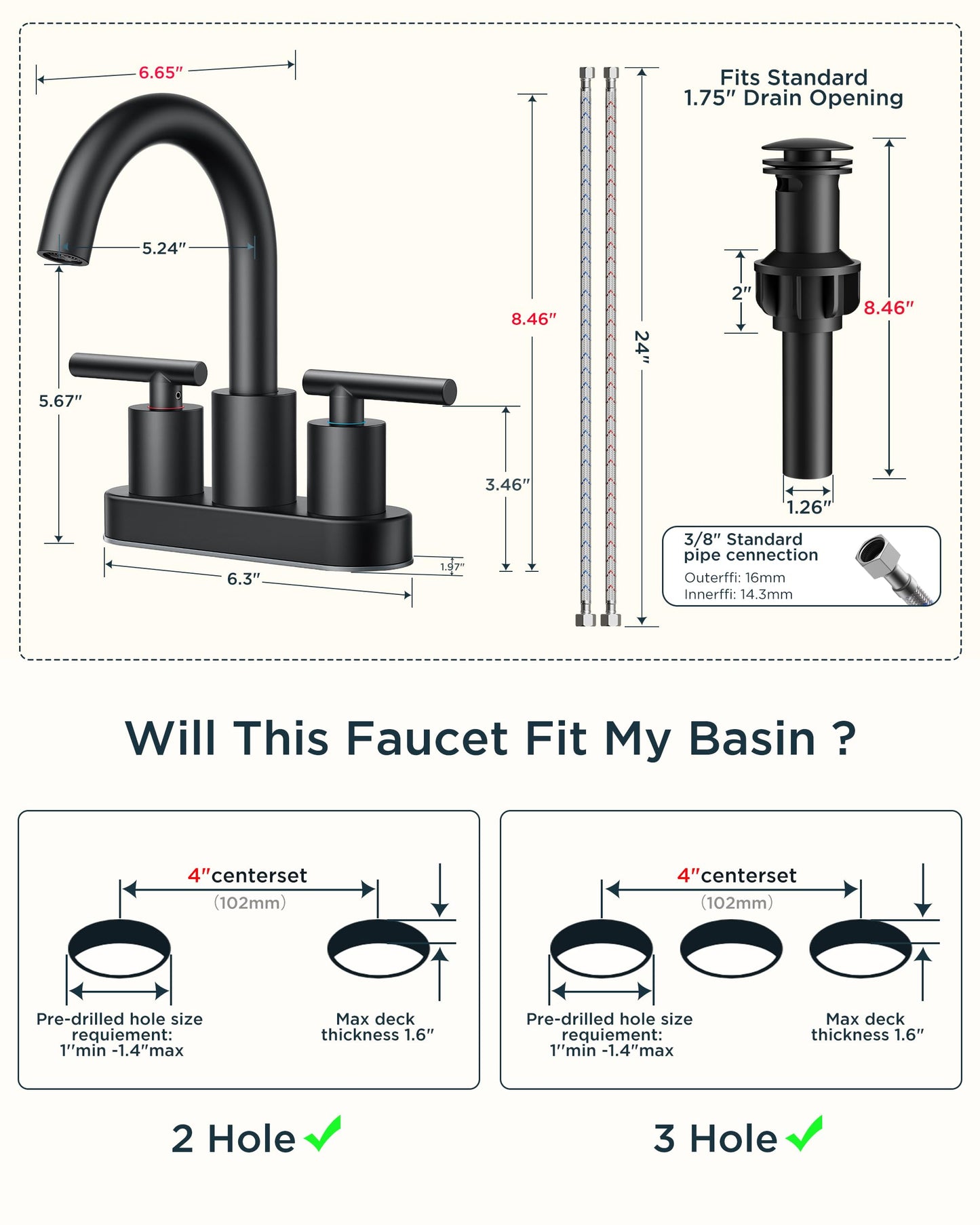 FORIOUS 4 Inch Centerset Bathroom Faucet Black 2 Hole, Two Handle Matte Black Faucet for Bathroom Sink with Pop Up Dain, 24" Supply Line, and 360° Rotating Spout of 4" Vanity