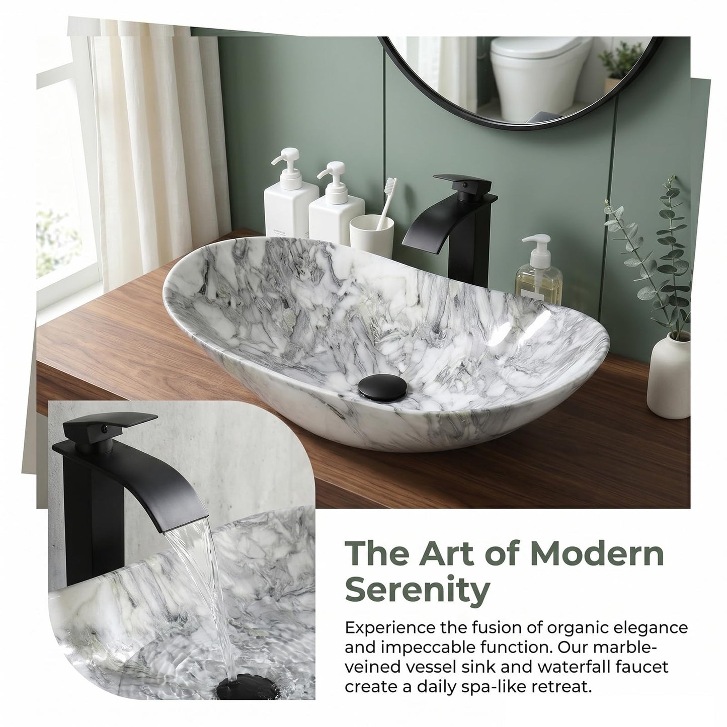 Zoyueyu 24x14 Inch Vessel Sink with Waterfall Faucet and Pop-up Drain Marbling Bathroom Sinks Ceramic Above Counter Bowl Sink Oval Bathroom Sink Porcelain