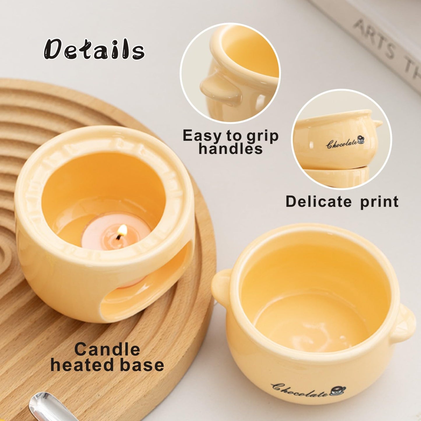 HELAIMAY Sweet Fondue Cup with Fork, Cheese Desserts Marshmallows Chocolate Melting Cup, Ceramic Fondue Mug Set for Date Night Party Wedding or Holiday Gift, Cream, 1Piece