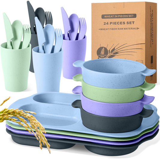 24 Pcs Wheat Straw Dinnerware Cutlery Set for Aldult Including Divided Plates Microwave Dishwasher Safe Bowl Unbreakable Tableware Straw Cutlery Spoon Knife Fork(Assorted Color)