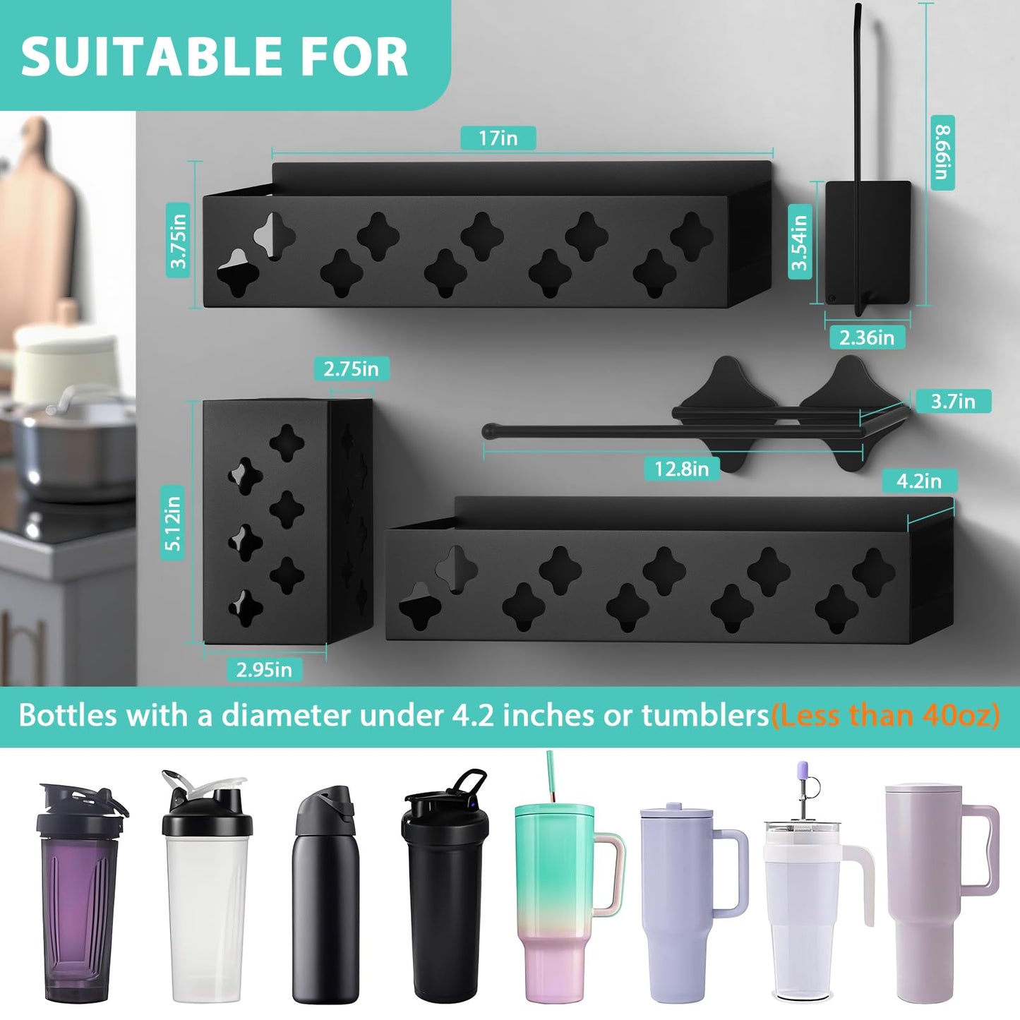Magnetic Water Bottle Organizer for Fridge, Cup Holder for Stanley 30 40 Oz with Tumbler Lid & Straw & Paper Towel Holder, 8 Tumblers Kitchen Storage Rack for Stanley Cup Accessories, Space-Saving