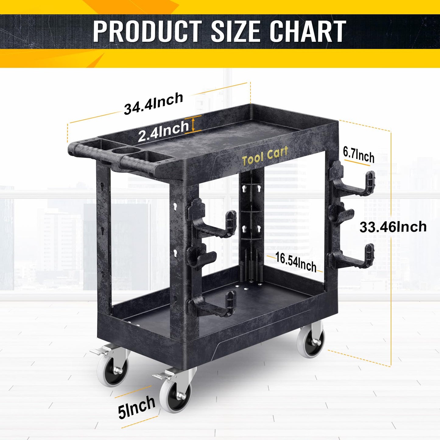 BSMTEK 850lbs Heavy Duty Plastic Utility Cart 34 x 17 Inch-Heavy Work Rolling Cart with Upgraded Side Tube Holder Hooks, 2 Tier Service Cart with Full Swivel Wheel for Warehouse,Garage, Cleaning,Black