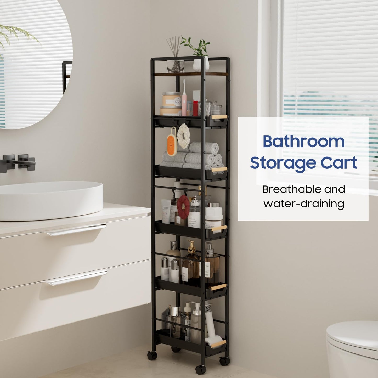 MAYBOSS 6 Tier Slim Storage Cart with Pull-Out Baskets Rolling Cart with Wheels Wood Top Narrow Utility Cart Metal Shelving Units for Pantry Laundry Room Bathroom Kitchen Black 8in(W)