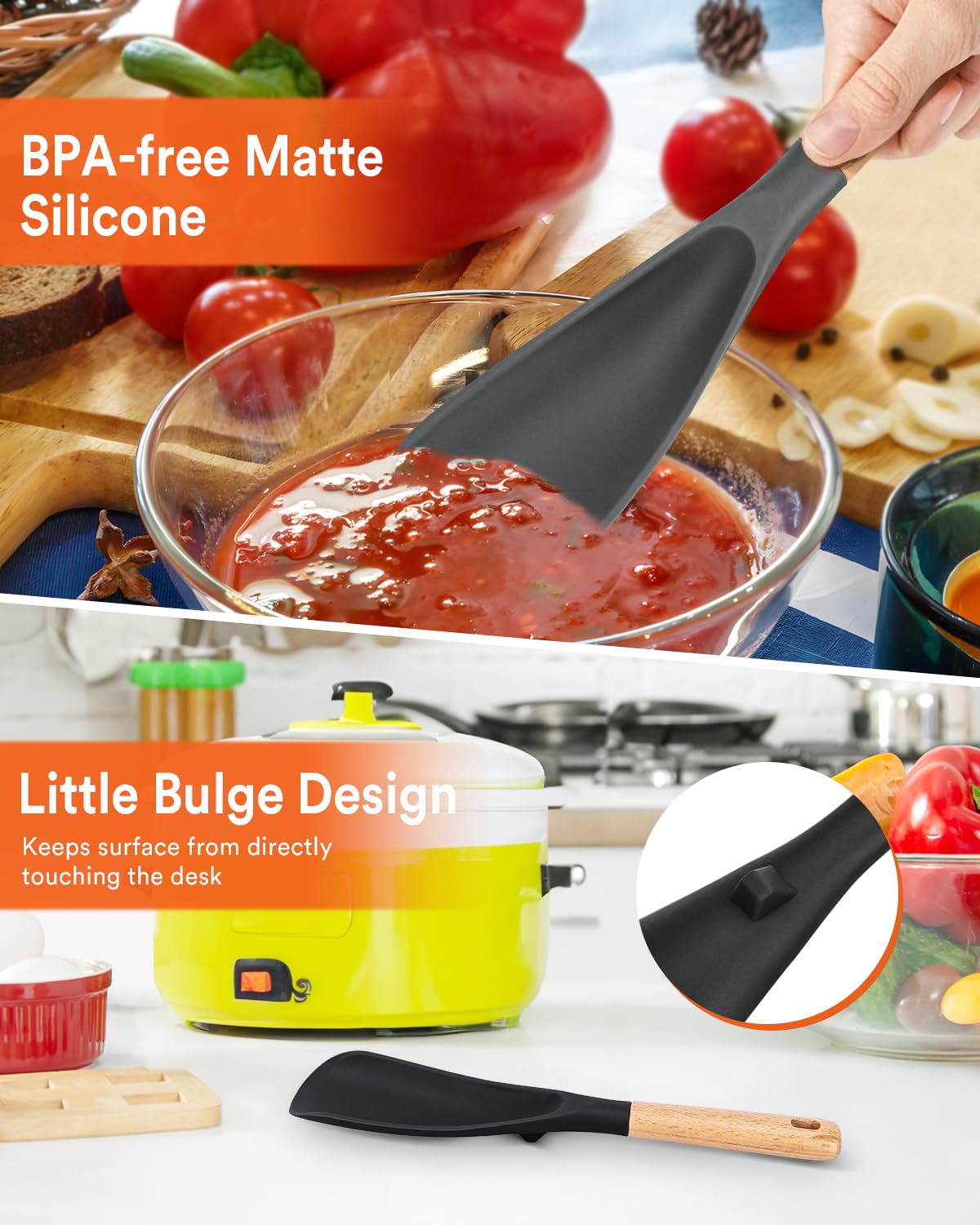 Cooking Spoon for Nonstick Cookwares, Great for Cooking and Serving Sturdy BPA-Free Matte Silicone, Wood Handle Spoon for Mixing, Scoop, and Scrape (Black & Grey, 11.4 inch)