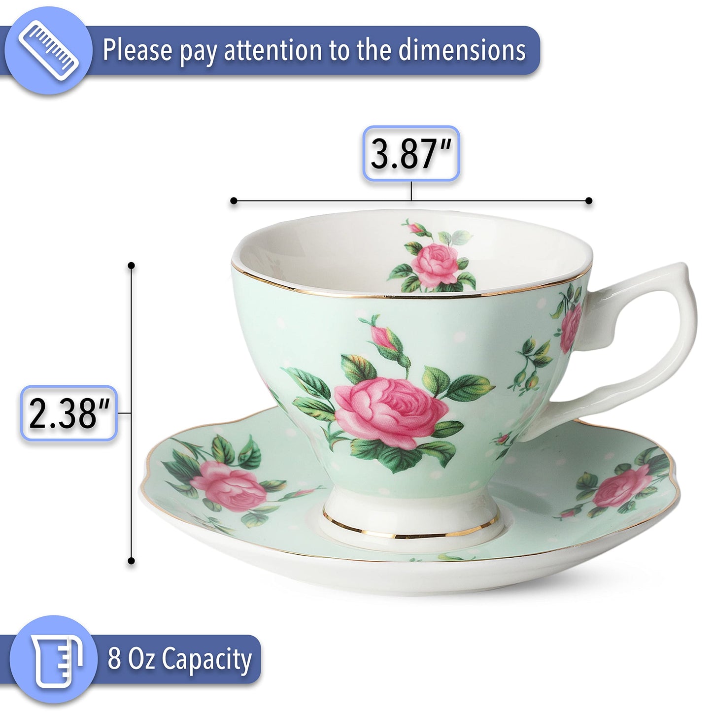 BTaT- Floral Tea Cups and Saucers, Set of 8, 8 oz, Fine Porcelain Teacup Set with Gold Trim for Afternoon Tea, Weddings, Parties & Gifting, Dishwasher Safe, Lightweight, Non-Toxic, Mothers Day Gift
