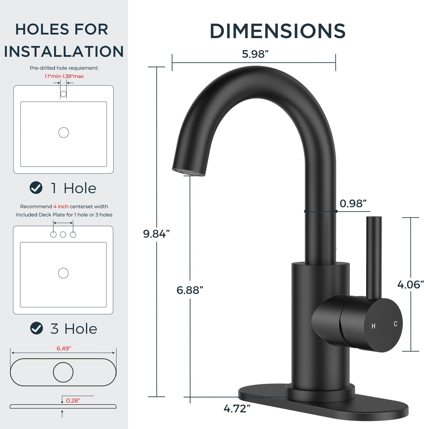 FORIOUS Black Bathroom Faucet 1 or 3 Hole Sink Single Handle, 360° Swivel Gooseneck Spout, Matte Finsh, Leak-Free, with cUPC Supply Line and Pop Up Drain, Suitable for Bar Kitchen RV Vanity