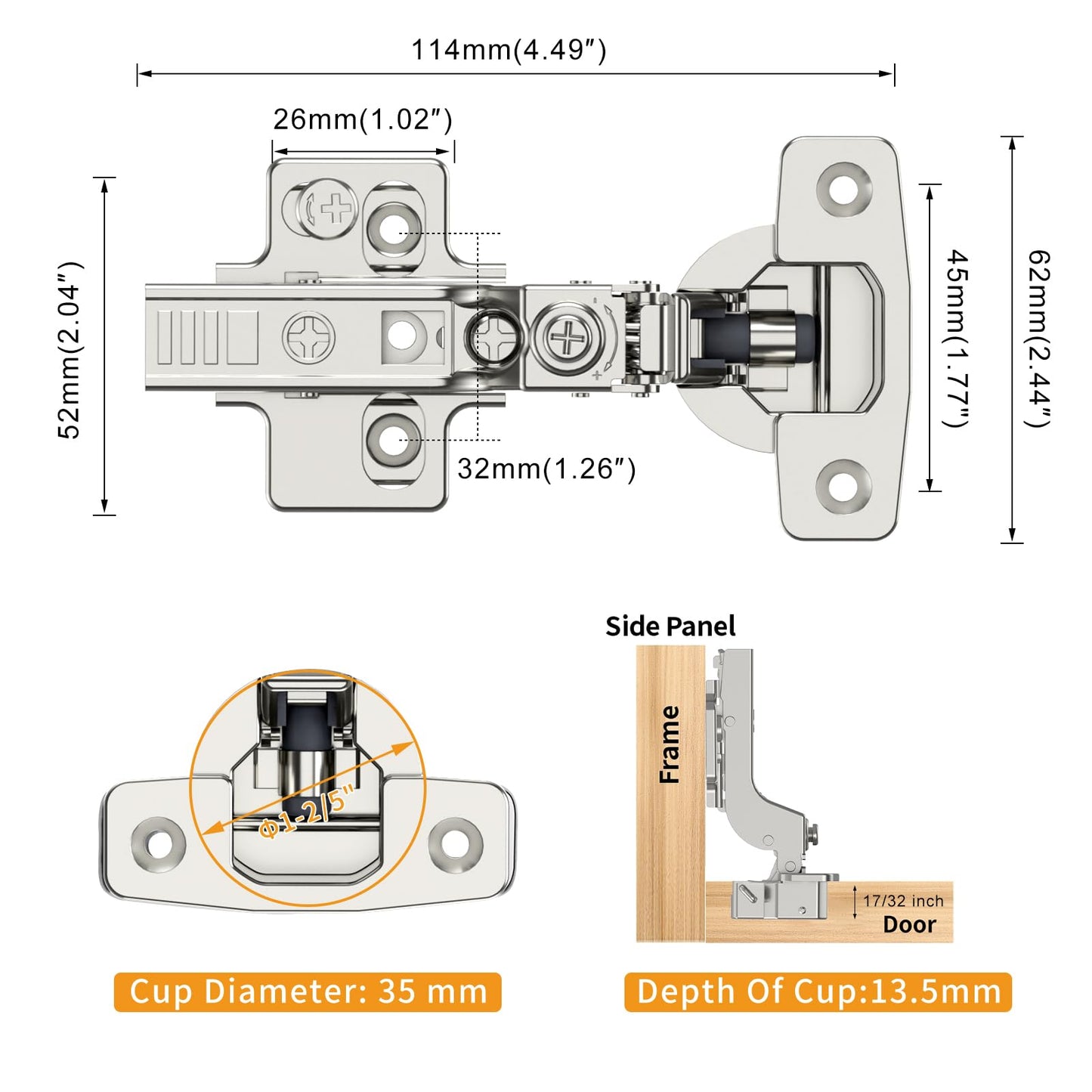 Chibery 10 Pack Frameless Inset Soft Close Concealed European Hinges, Self Closing Satin Nickel, 105 ° Open Angle 4D Adjustment, Speed Control, Clip On, Stainless Steel for Cabinet Door
