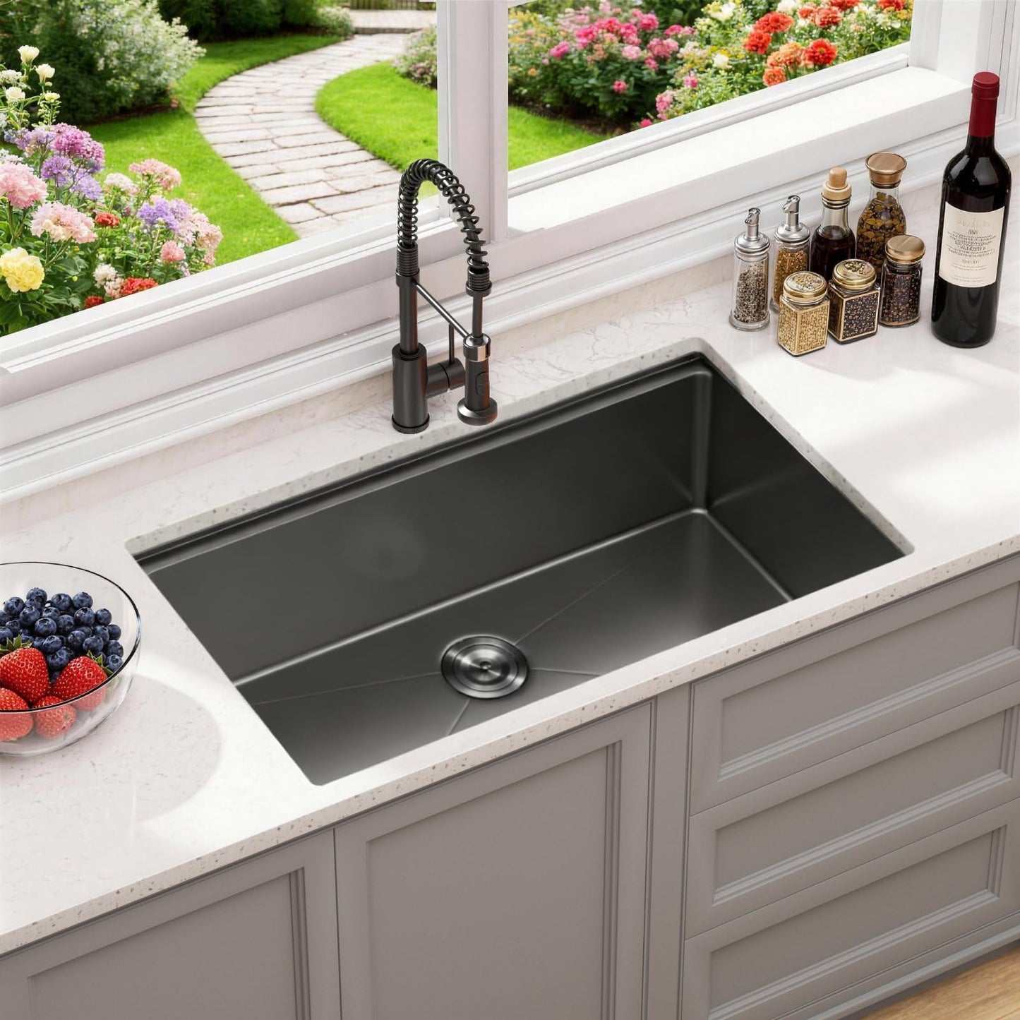 30" Black Stainless Steel Workstation Kitchen Sink, Large Single Bowl Drop-In Undermount Farmhouse Sink (Black, 3018)