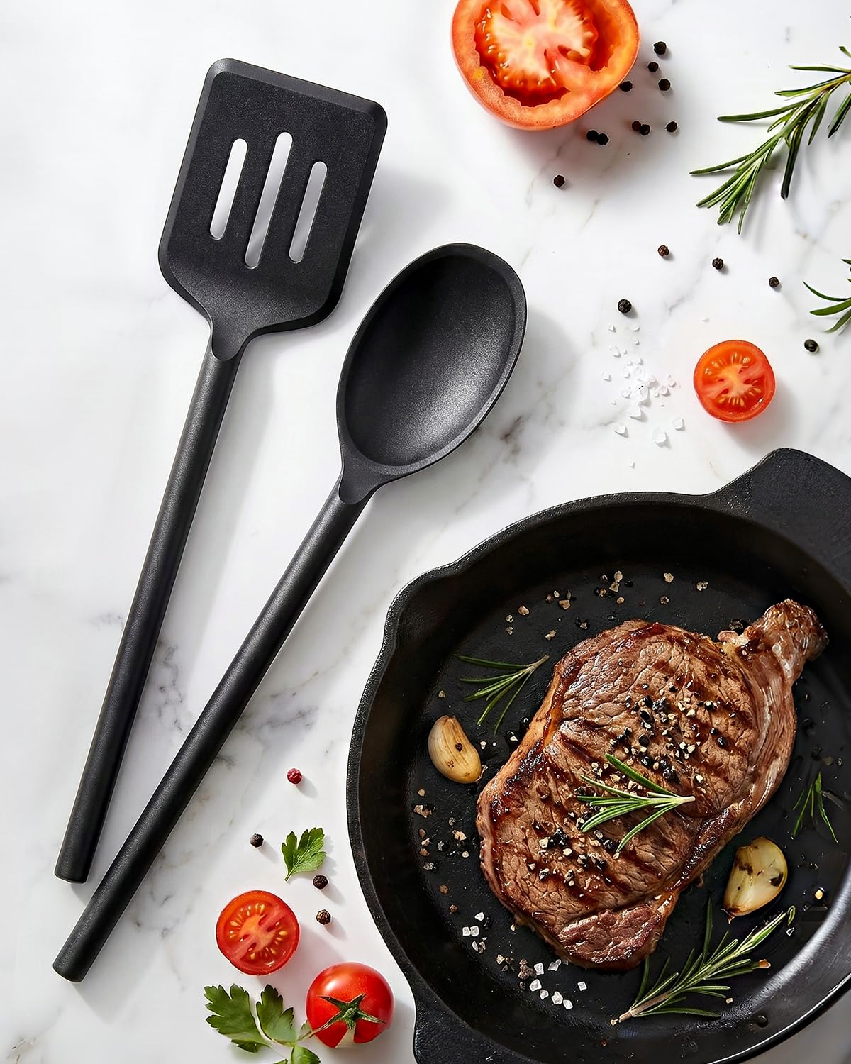 Silicone Cooking Utensils Set, Heat Resistant Non-Stick Long Handle Silicone Spatulas Turner & Spoons Set, BPA-Free Solid & Slotted Kitchen Tools for Frying, Stirring & Serving (4 Pack) (BLACK)