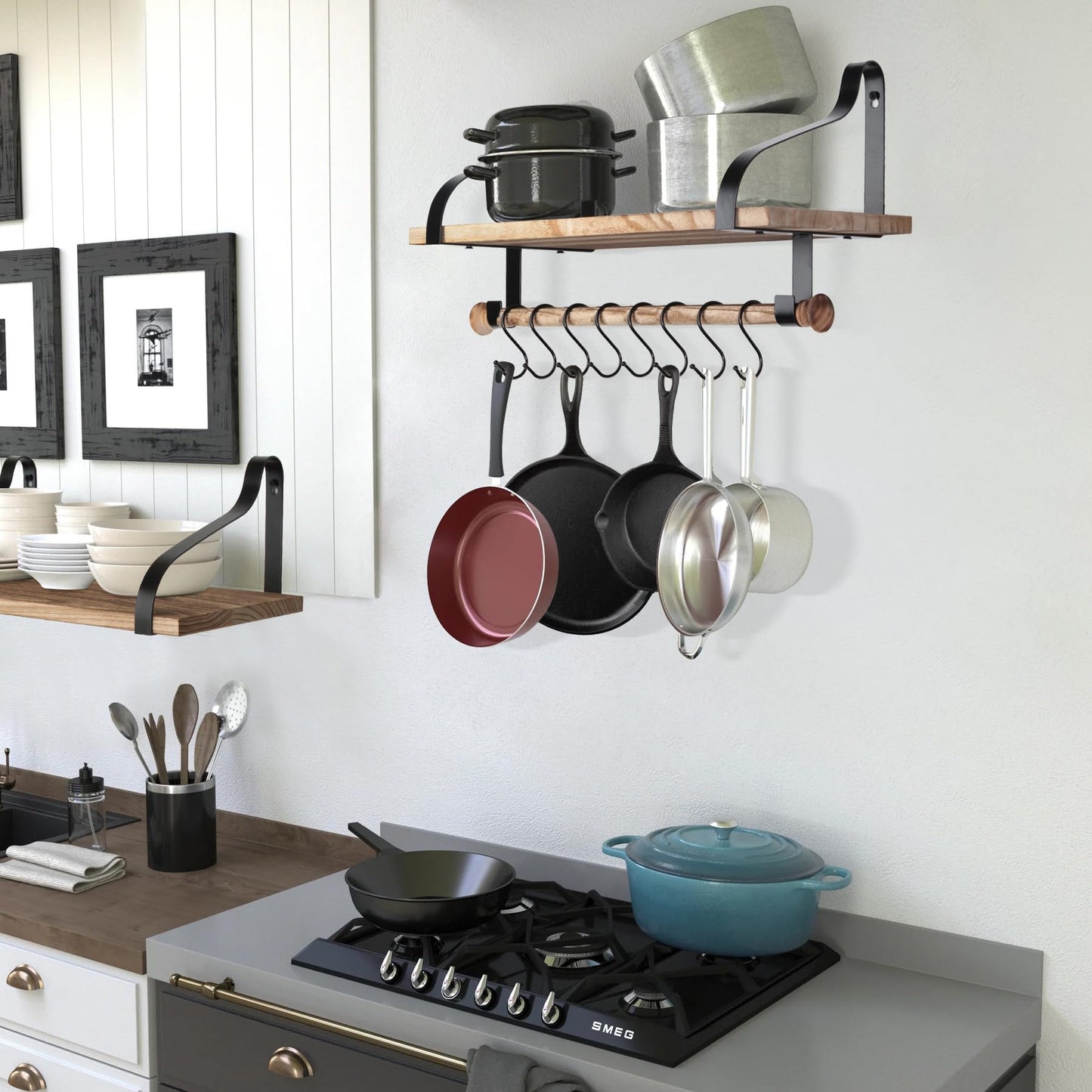 Gurfury Wooden Hanging Pot Rack with 8 Hooks - Farmhouse Style Wall Mount Multifunctional Cookware Organizer Rack Kitchen Storage for Pans Utensils (Natural)