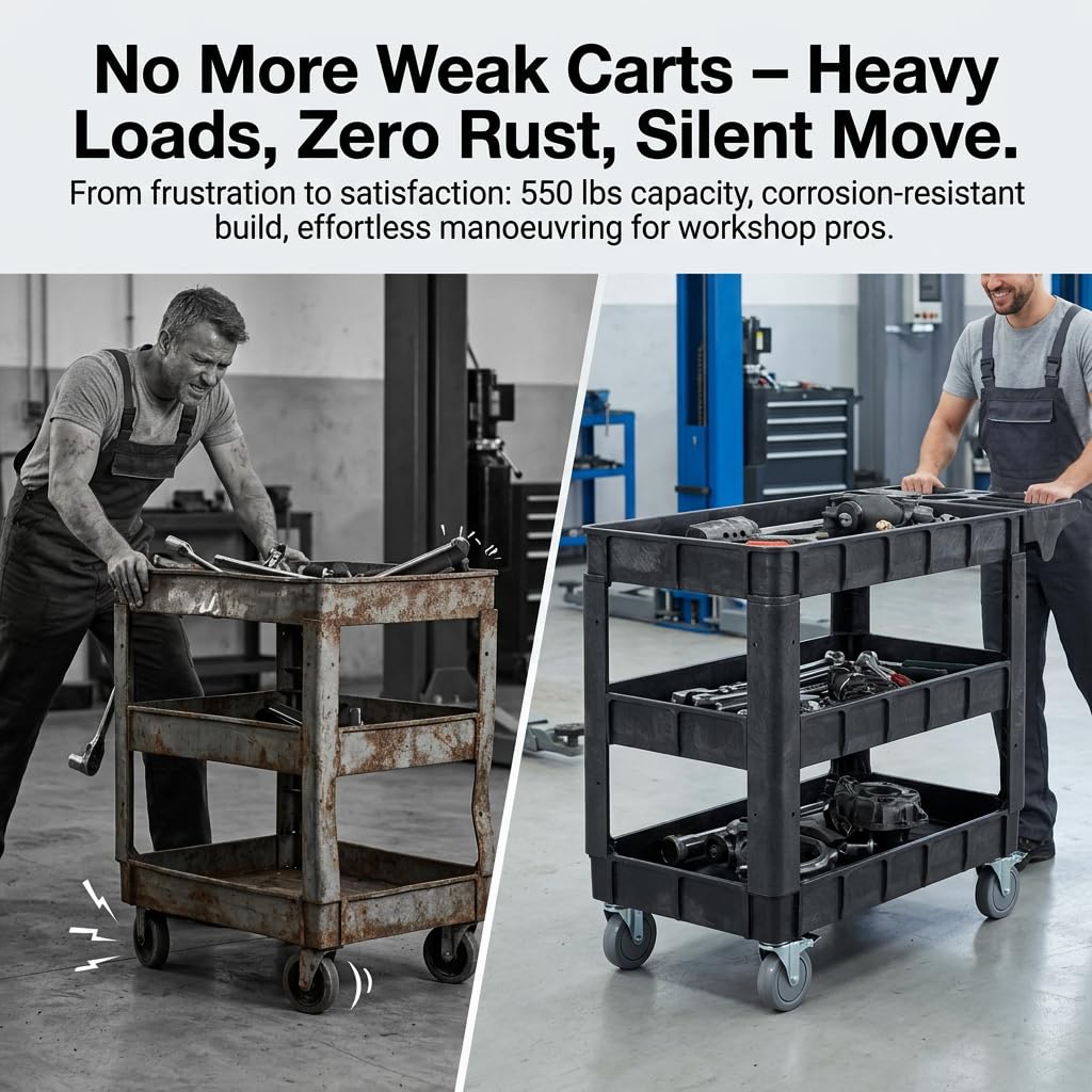 Finnhomy Commercial Grade 3‑Tier Heavy Duty Utility Service Cart 550 lbs Capacity 40.5" x 17.3" x 34.1" Rolling Cart with 5" Swivel Casters and Polypropylene Shelves, Dark Gray
