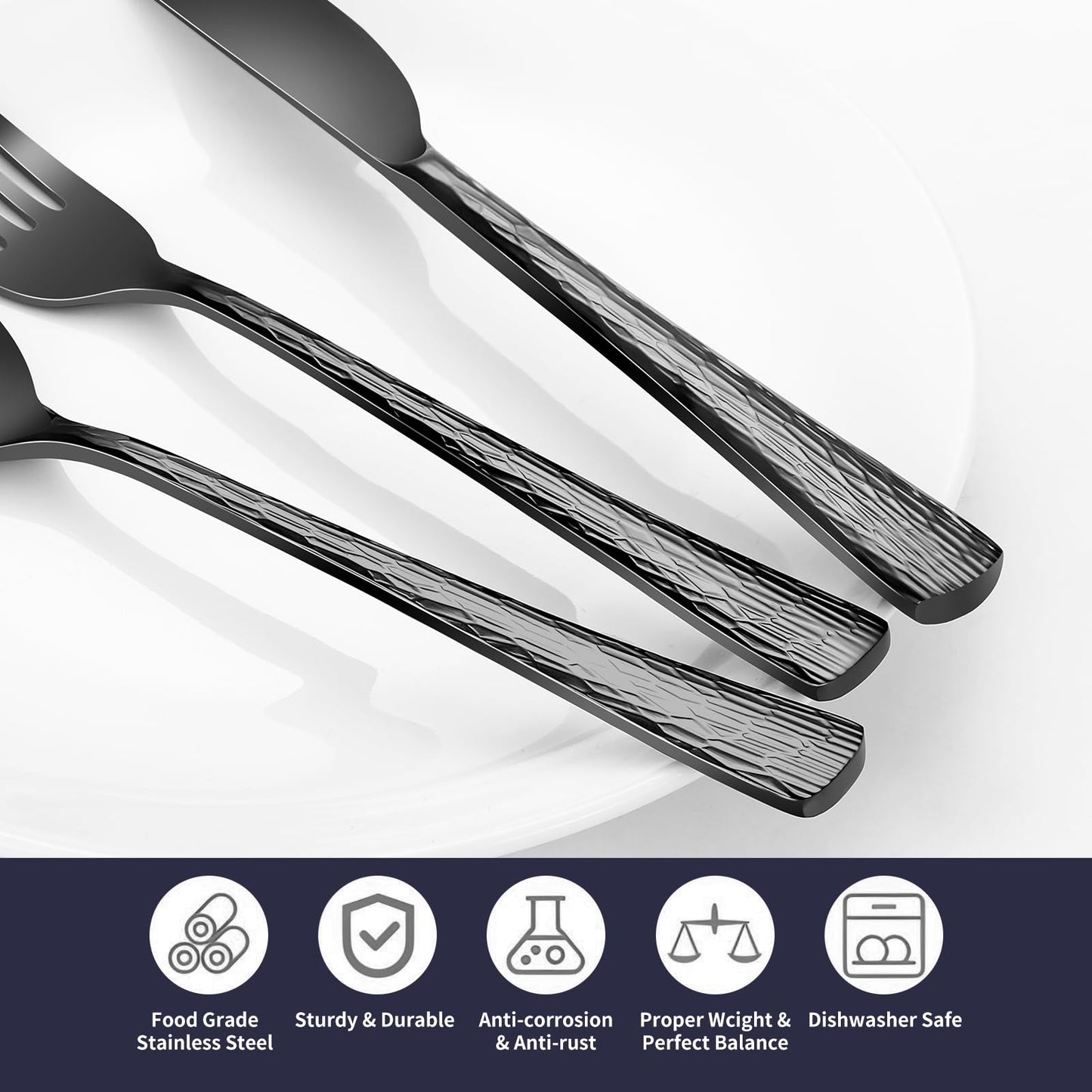 Izurok Black Hammered Silverware Set for 6, 30 Piece Heavy Duty Silverware, 18/10 Stainless Steel Flatware Cutlery Utensil Set for Wedding Festival Gift, Mirror Polished, Dishwasher Safe