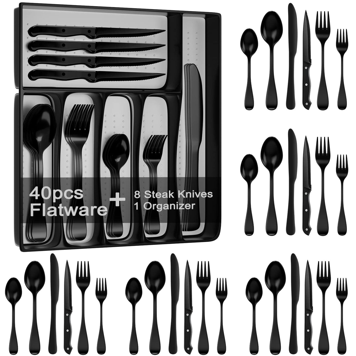 JUNLIN 49 Pieces Black Silverware Set with Steak Knives, Stainless Steel Silverware with Organizer Flatware Utensils Set for 8, Forks and Spoons Silverware Set Cutlery Set
