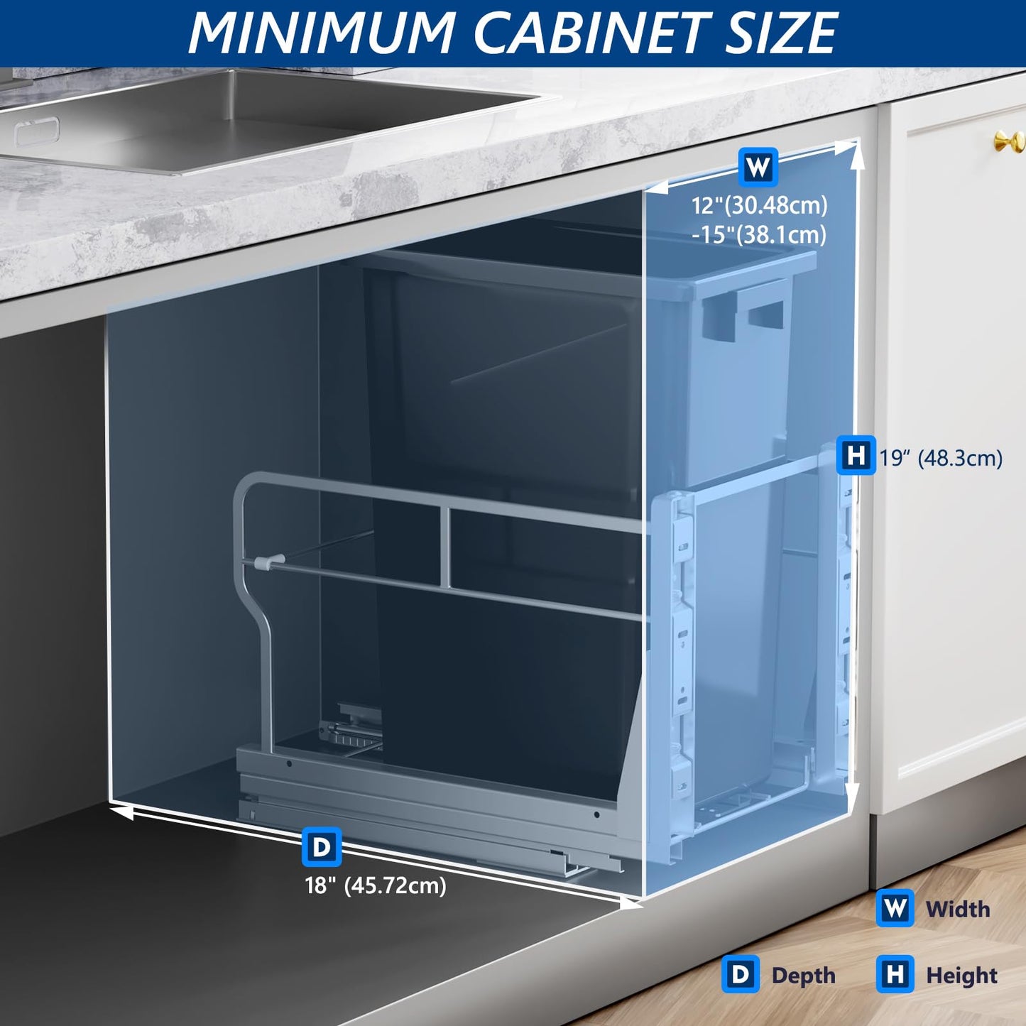 Insputer 8 Gal Pull Out Trash Can Under Cabinet, Heavy Duty Under Sink Garbage Can Kit with Soft-Close Slides for Kitchen, Laundry, Requires Minimum Cabinets Opening 12" W X 18" D