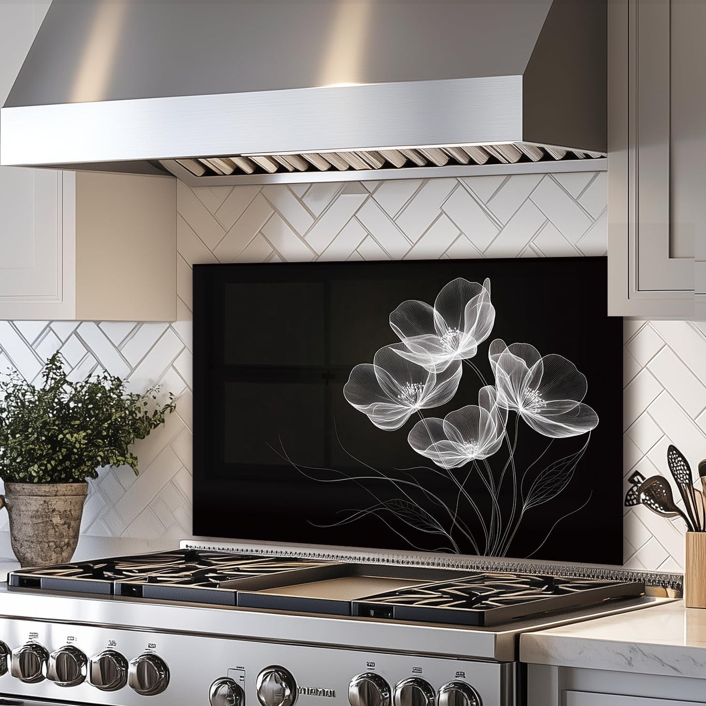LMSDYSHU Tempered Glass Backsplash for Kitchen, Black line stripes, Frameless, Stove Backsplash Protector for Wall,Easy to Clean, Home Decor (30"x24")