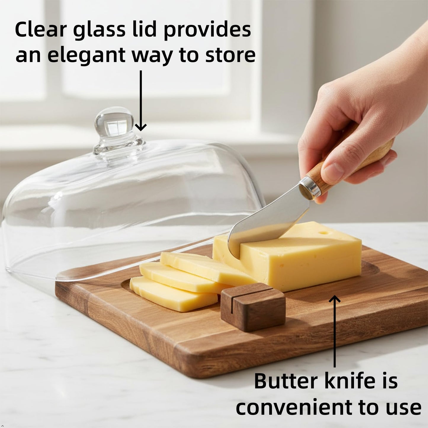 HAN SHENG Wooden Butter Dish with Glass Lid — Fits East & West Coast Sticks, Includes Stainless Steel Knife, Rustic Kitchen Countertop Decor