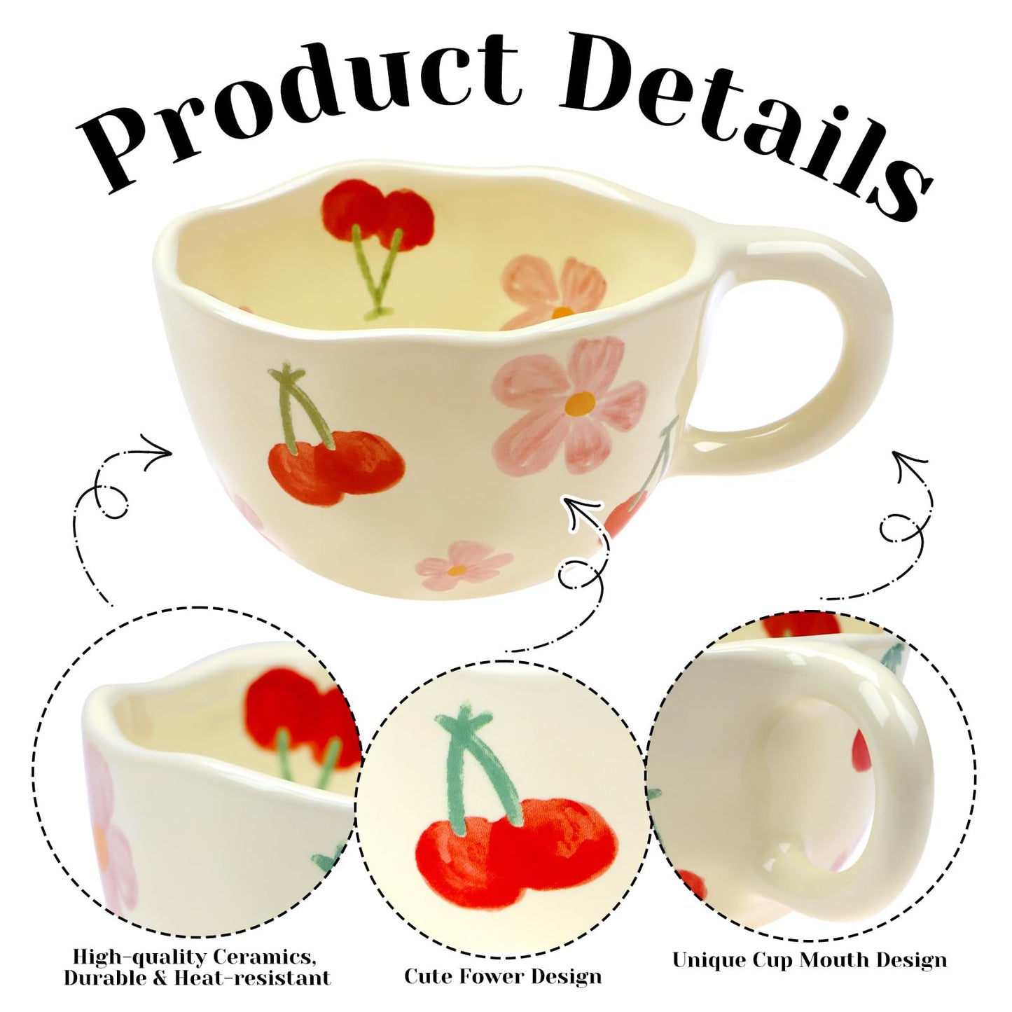 NAYAHOSE Ceramic Coffee Mug, Creative Cute Coffee Mugs Handheld Irregular Aesthetic Flower Ceramic Mug for Women Latte Tea Milk Oats Cup Breakfast Cups，8.5 oz/250 ml (Red Cherry)