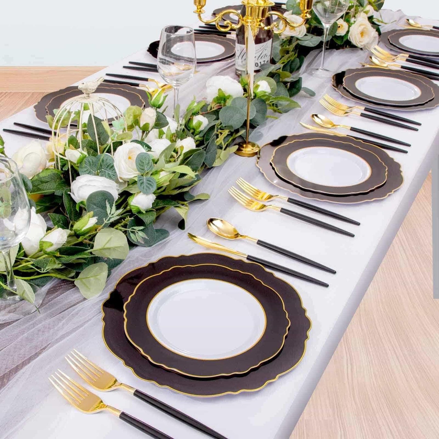 WDF 30Guest Black and Gold Plastic Plates - Gold Plastic Silverware With Black Handle Baroque Black and Gold Disposable Dinnerware for Graduation/Wedding/Party/Birthday