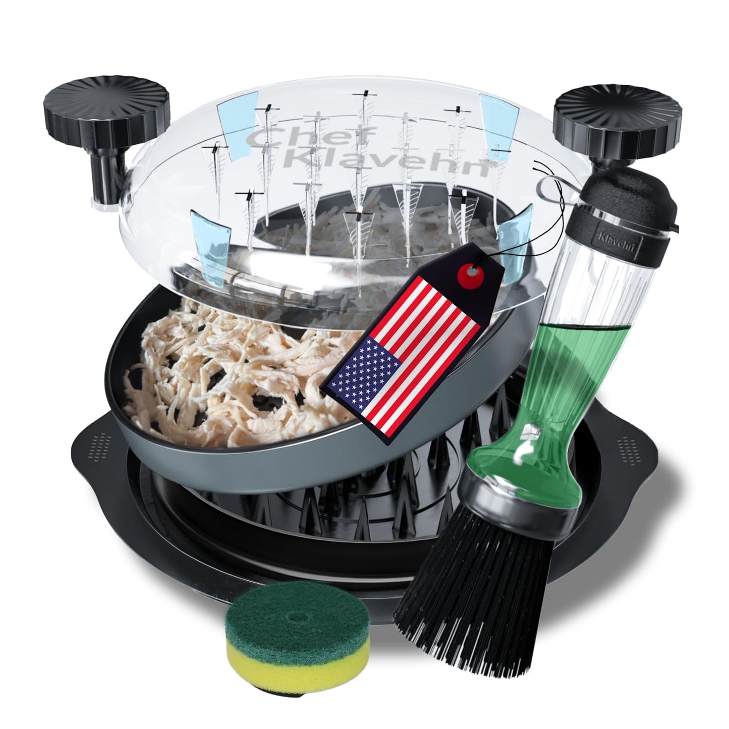 American brand 3-Layer Chicken Shredder w/Detachable Plate + Special Brush, Double Anti-Slip, BPA Free, Heat Resistant, Dishwasher Safe | Chicken Breast Shredding Tool Twist, Beef, Pork, Meat Grinder