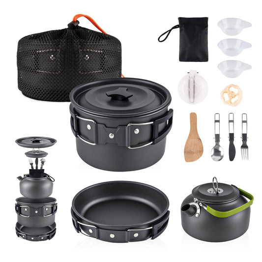 aiGear Camping Cooking Set Cookware Mess Kit with Storage Bag Pot Pan and Teapot Set Camping Accessories for Outdoor Camping Hiking Picnic Portable and Lightweight Aluminum Color Black(CC5339BK)