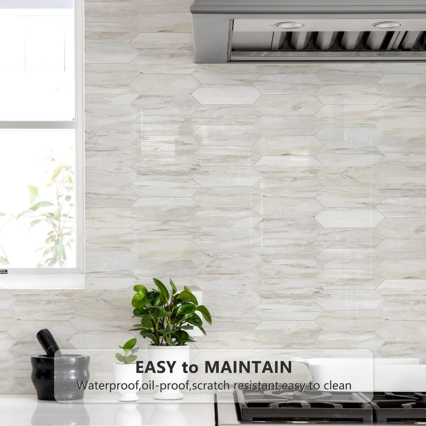 Vamos Tile Glossy Wood Marble Grain Backsplash Tile Peel and Stick, 12.8 x 12.8 Inch 10 Sheets Long Hexagon PVC Self Adhesive Mosaic Wall Tiles Stick on Backsplash for Kitchen and Bathroom