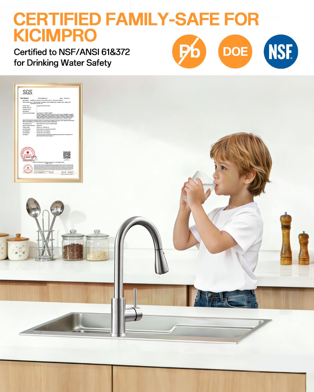Kicimpro Kitchen Faucets with Pull Down Sprayer, NSF Certified Lead-Free 304 Stainless Steel Sink Faucet 1 Hole, Faucet for Kitchen Sink, Rv, Bar, Camper, Laundry, Easy Installation,Brushed Nickel