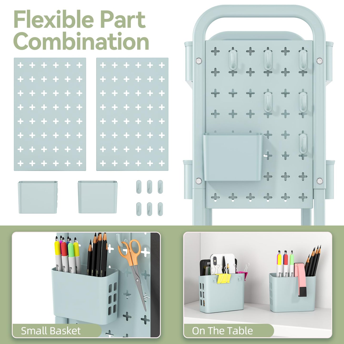 TOOLF Metal Rolling Storage Cart, 3-Tier Utility Mobile Cart with DIY Pegboards, Serving Trolley Cart with Baskets Hooks, for Kitchen, Bathroom, Office, Home, Classroom (Mint Green)