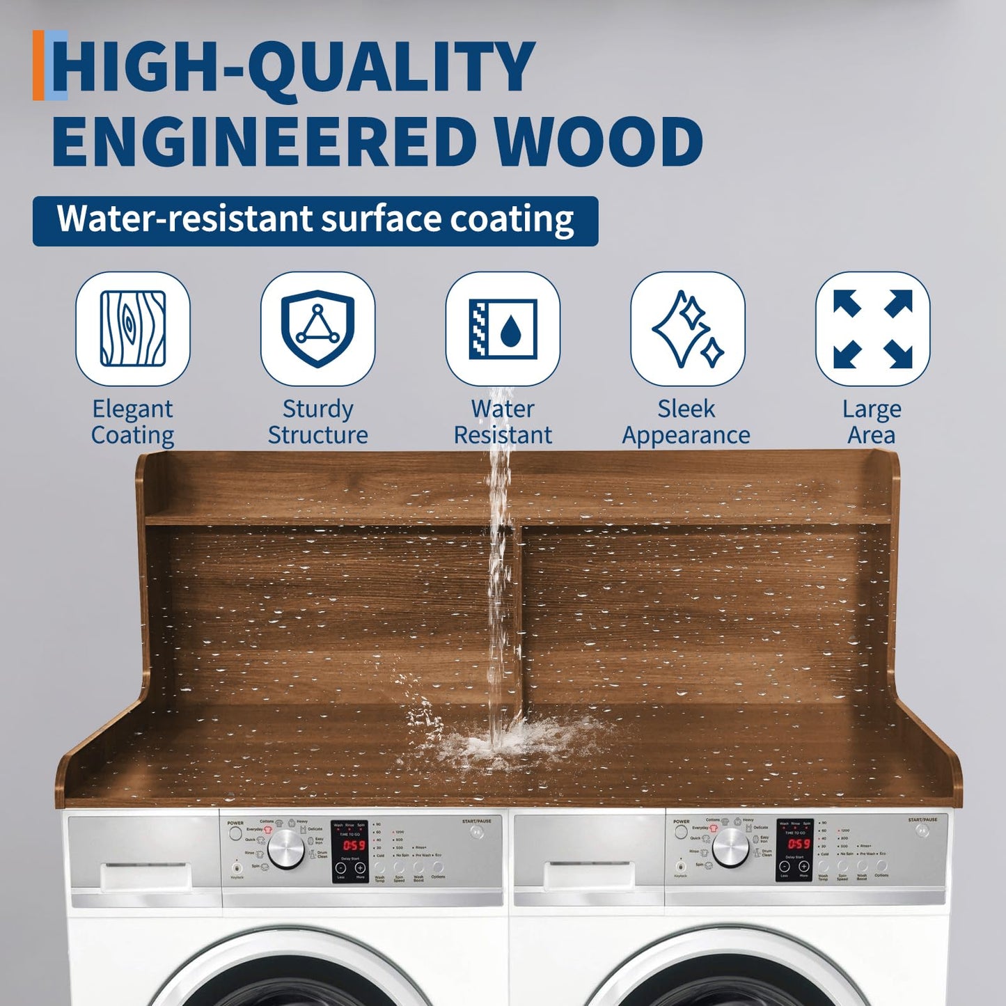 Washer Dryer Countertop with Shelves, 54" x 27.55" 2-Tier Wood Laundry Countertop with 2.75" Edge Rails and Non-Slip Pads, Washer and Dryer Topper for Laundry Room Organization, Walnut Brown