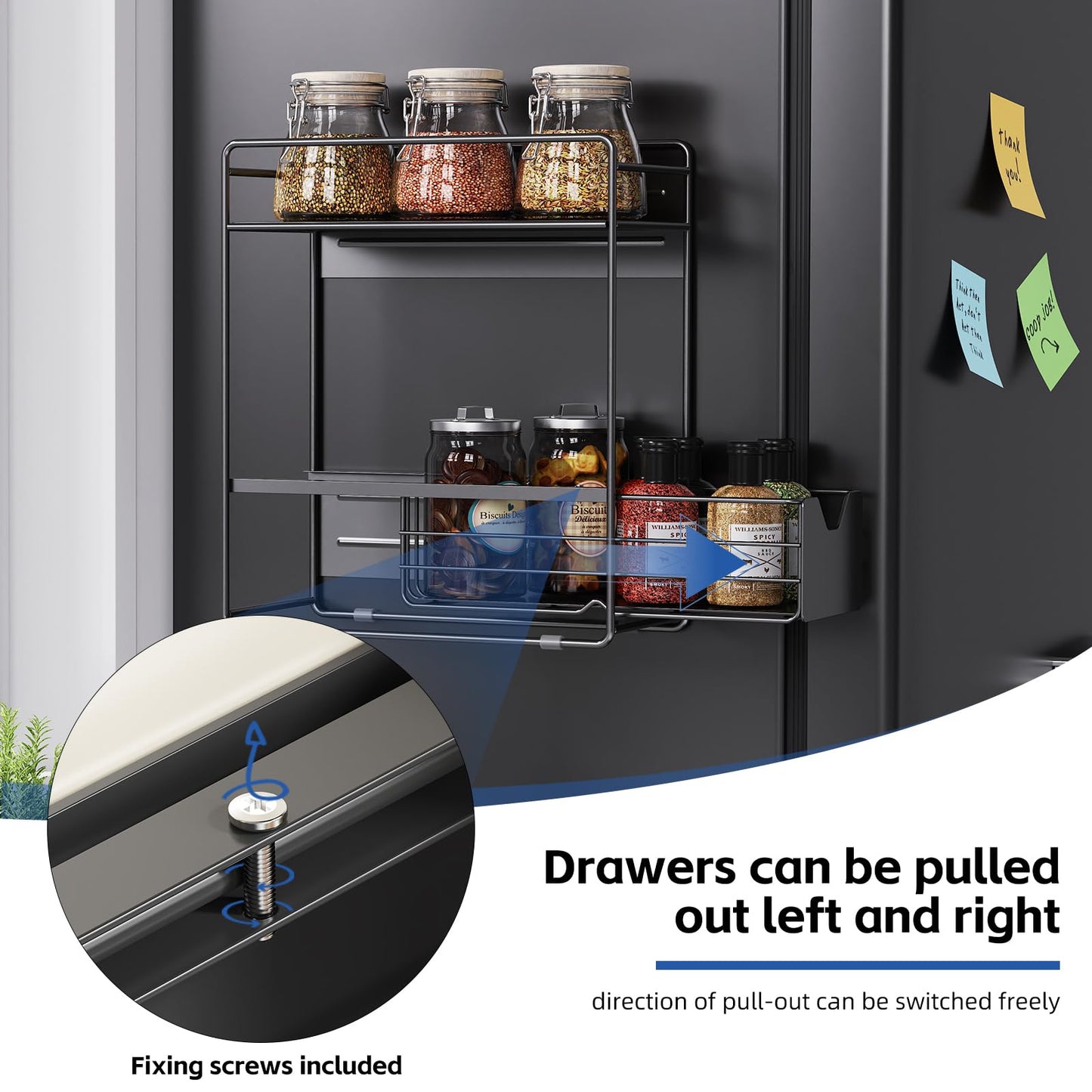 CABTE 2 Tier Magnetic Shelves for Washing Machine with Pull Out Metal Drawer,Magnetic Spice Rack for Fridge,Magnetic Rack with no Installation, Versatile Storage Organizers for Home (Black, 2 Tier)