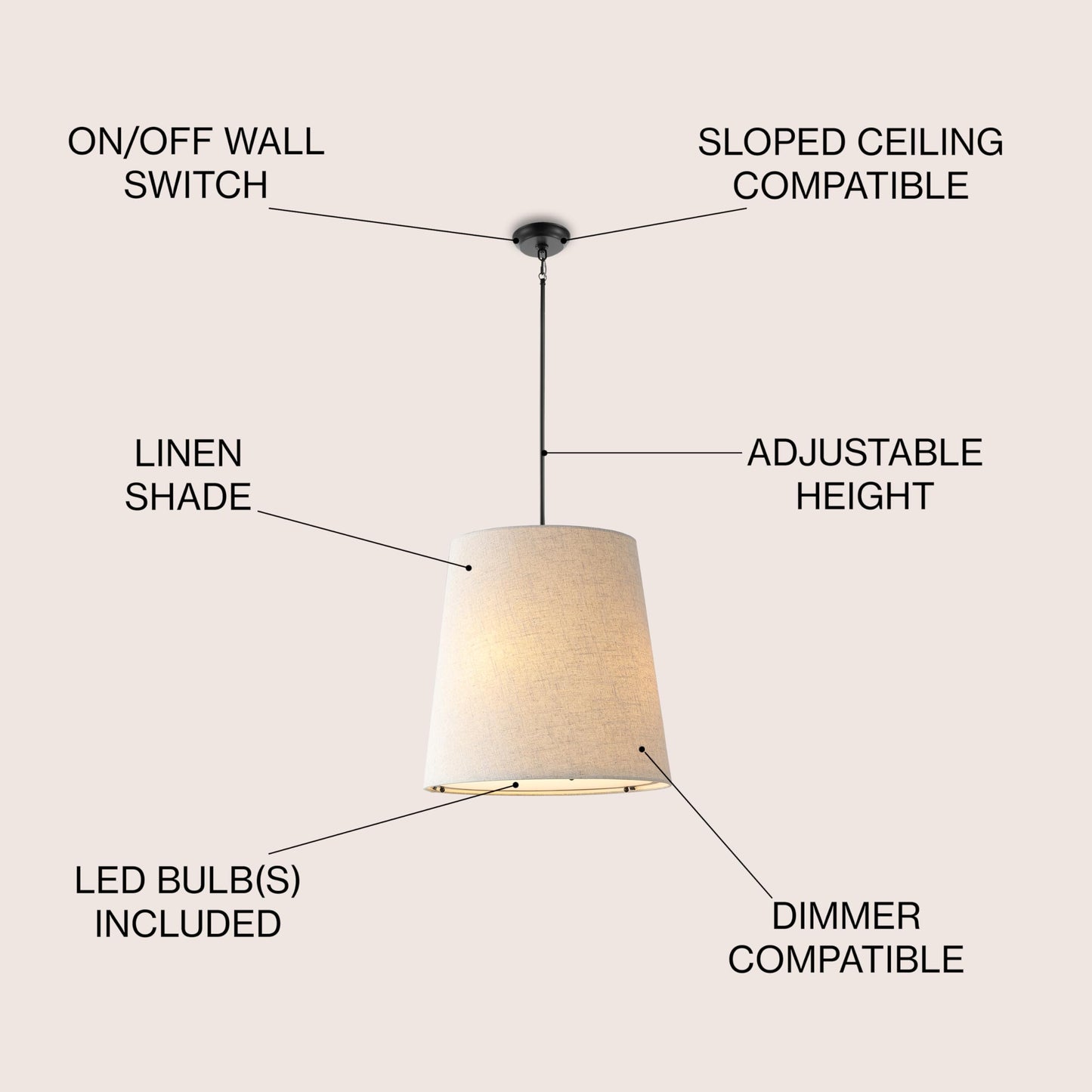 JONATHAN Y 18" Oil Rubbed Bronze 1-Light Iron and Linen Pendant Light, Modern Farmhouse Bohemian Empire Hanging Ceiling Fixture, Adjustable Height, LED Bulb Included JYL1314A