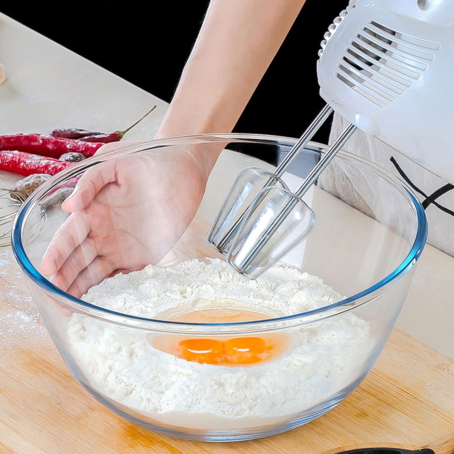 Homwin Glass Mixing Bowl Set of 3 for Kitchen, Baking, Prepping, Serving, Cooking 1.1QT, 2.5QT, 4.2QT Large Salad Bowl Set, High Brosilicate Bowl Set, Stackable, Non-toxic, Microwavable, Great Gift